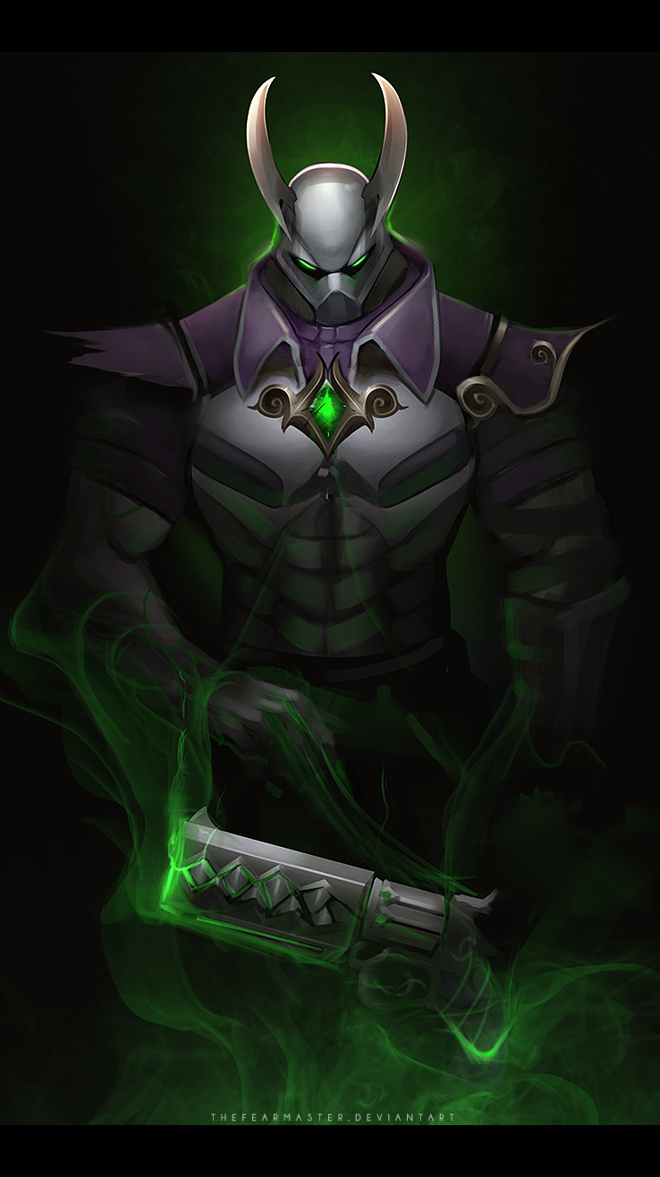 androxus armor artist_name aura gem gloves glowing glowing_eyes green_eyes gun helmet highres horns male_focus mask paladins solo thefearmaster weapon