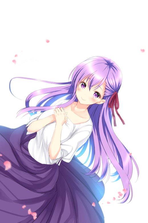 bangs bloom blush breasts cherry_blossoms closed_mouth collarbone commentary_request fate/stay_night fate_(series) floating_hair hair_ribbon hands_on_own_chest large_breasts long_hair long_skirt looking_at_viewer matou_sakura petals purple_eyes purple_hair purple_skirt red_ribbon ribbon shigemiya_kyouhei shirt skirt smile solo very_long_hair white_shirt