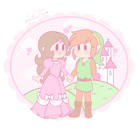 1boy 1girl bangs blush brown_hair castle dress elf hand_behind_back hearts holding_hand link long_hair long_sleeves nintendo pink_dress pointy_ears princess_zelda short_hair smile the_legend_of_zelda tiara zelda_ii:_the_adventure_of_link