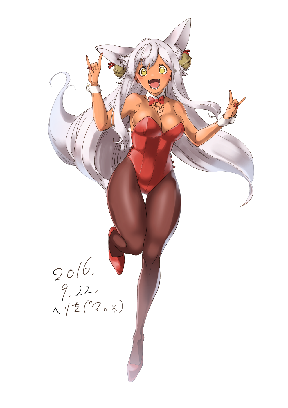 animal_ears arms_up artist_name bell black_legwear breasts colored_eyelashes dated detached_collar extra_ears fox_ears fox_shadow_puppet fox_tail hair_bell hair_ornament heriwo_(haraheridou) high_heels highres large_breasts leotard long_hair looking_at_viewer off_shoulder open_mouth original pantyhose red_leotard silver_hair slit_pupils solo standing standing_on_one_leg tail