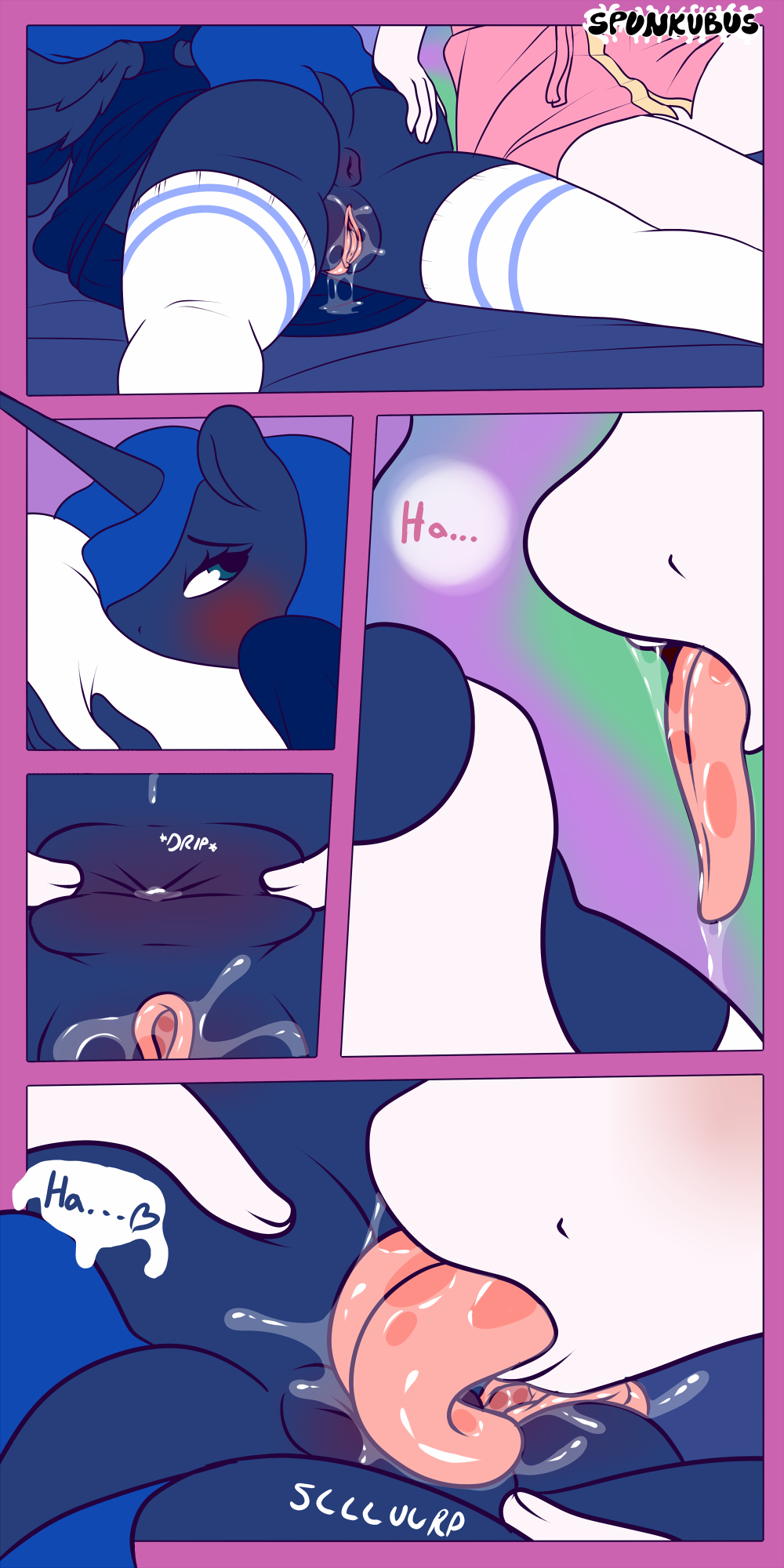 anal anus bed butt clothing comic dialogue english_text friendship_is_magic legwear my_little_pony oral pillow princess_celestia_(mlp) princess_luna_(mlp) pussy_juice rimming robe saliva sex spreading spunkubus stockings text tongue tongue_out