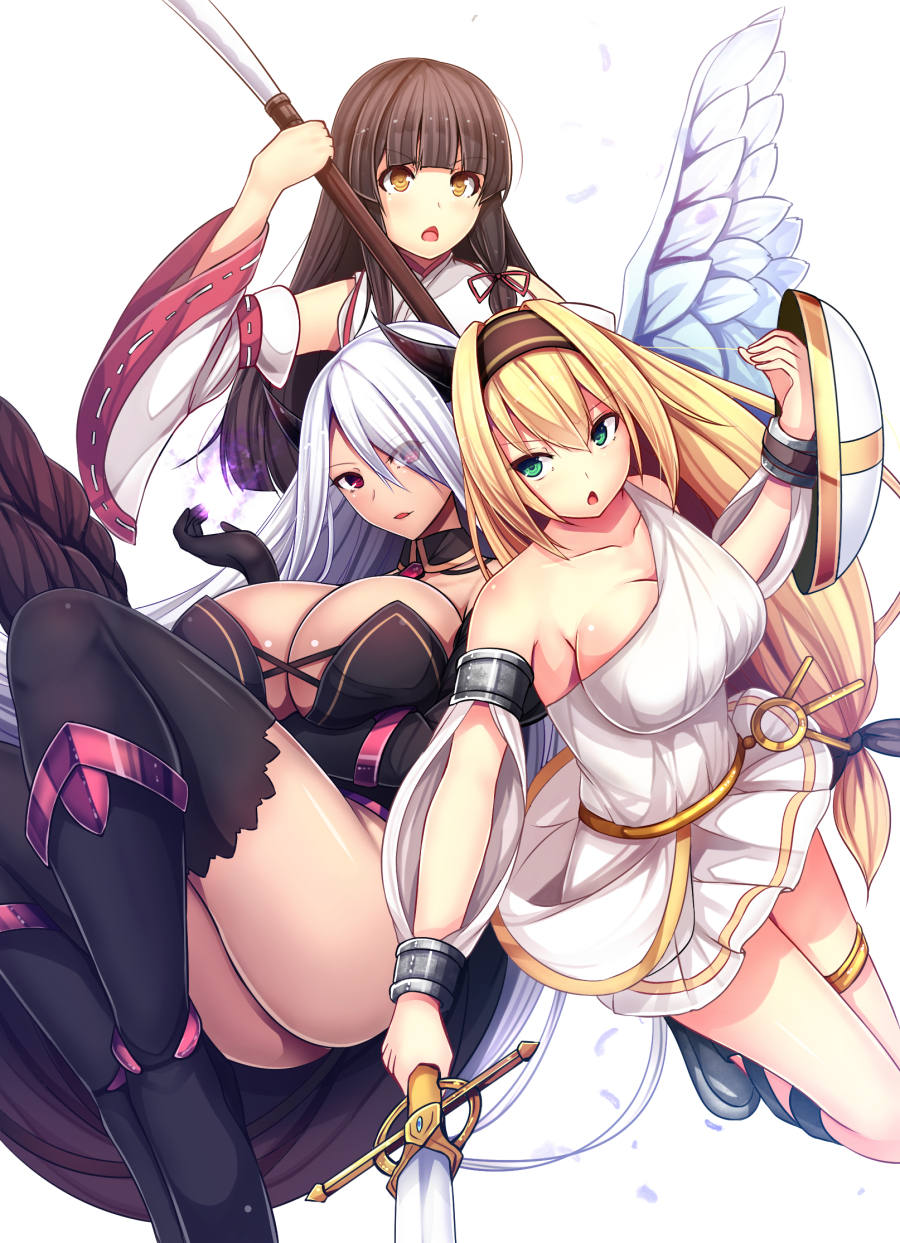 angel angel_wings black_hair blonde_hair breasts brown_eyes chestnut_mouth cleavage commentary_request daiaru demon_girl green_eyes highres japanese_clothes kill_time_communication large_breasts long_hair miko multiple_girls original red_eyes shield simple_background sword thighhighs thighlet weapon white_hair wings