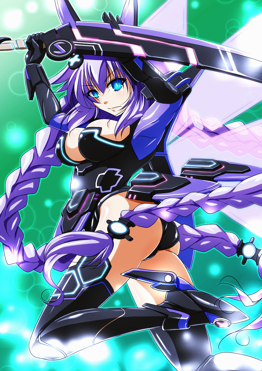 ass blue_eyes blush braid breasts cleavage gloves hair_ornament highres holding holding_sword holding_weapon long_hair looking_at_viewer neptune_(choujigen_game_neptune) neptune_(series) purple_hair purple_heart solo sword symbol-shaped_pupils tappa_(esperanza) twin_braids very_long_hair weapon