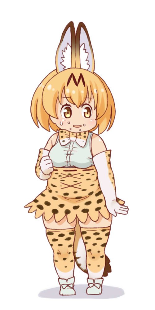 :d animal_ears arm_at_side belly blonde_hair blush bow bowtie chibi commentary dress elbow_gloves fat food food_on_face gloves hand_gesture hondarai kemono_friends looking_away looking_to_the_side nervous_smile open_mouth plump serval_(kemono_friends) serval_ears serval_print serval_tail shoes smile solo spots sweat tail thick_thighs thighhighs thighs yellow_eyes