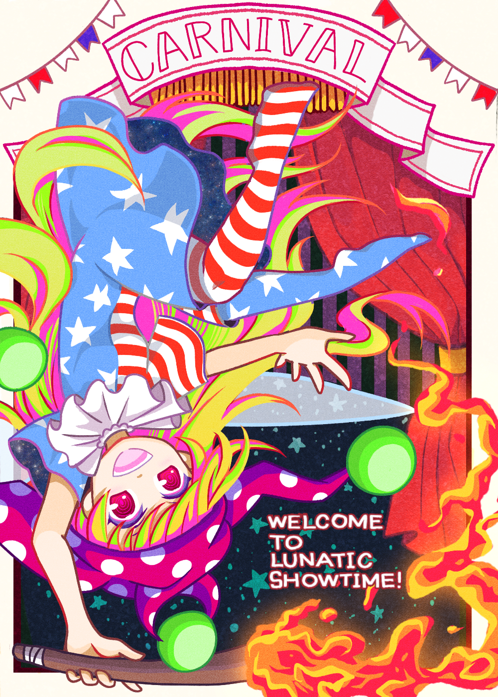 :d american_flag_dress american_flag_legwear blonde_hair clownpiece commentary curtains dress english full_body hat highres jester_cap long_hair neck_ruff open_mouth pantyhose pennant polka_dot polka_dot_hat purple_eyes purple_hat rizu_mine short_sleeves smile solo star star_print striped striped_dress striped_legwear torch touhou upside-down very_long_hair