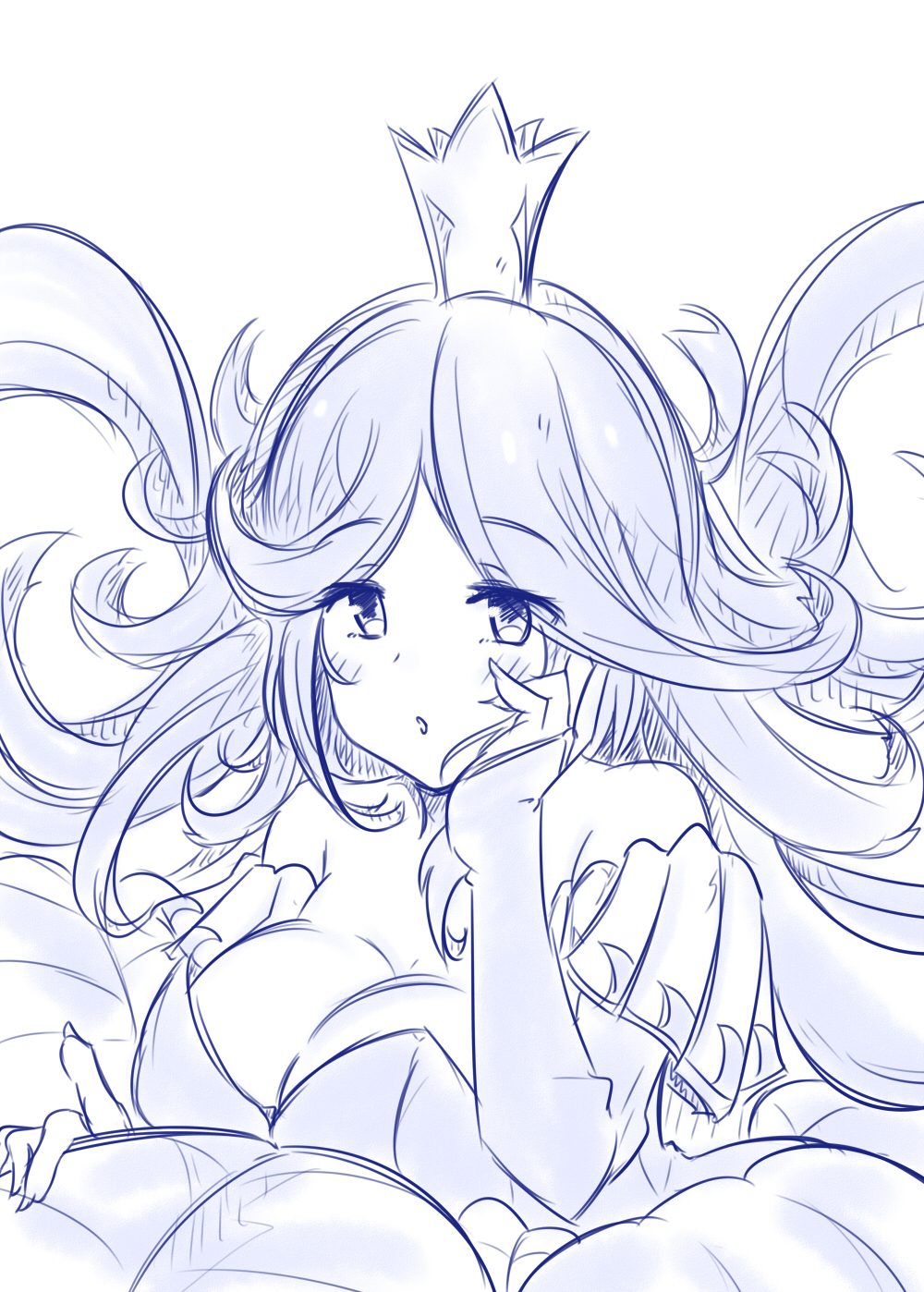 belladonna_(granblue_fantasy) blue blush breasts commentary_request crown elbow_gloves eyebrows_visible_through_hair fingerless_gloves floating_hair gloves granblue_fantasy half-closed_eyes hand_on_own_cheek hand_up highres large_breasts leaf long_hair mini_crown monochrome nono_(totokin) parted_lips plant sketch solo