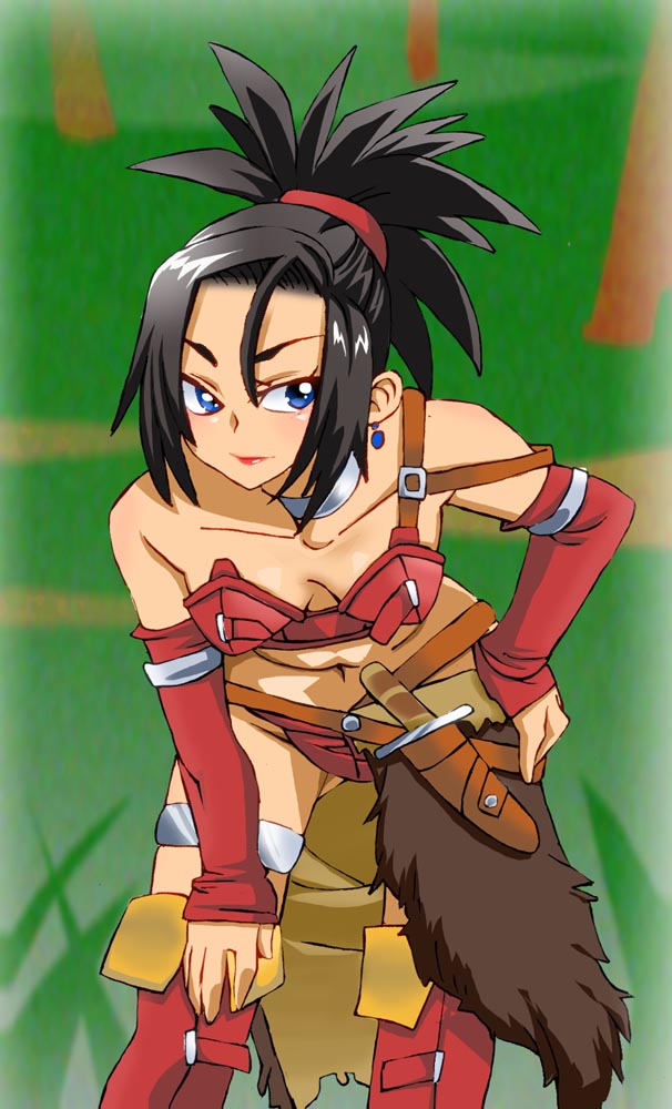 bare_shoulders bent_over blue_eyes breasts brown_hair choker cleavage crop_top detached_sleeves dragon_quest dragon_quest_viii earrings jewelry lipstick looking_at_viewer makeup navel onnaski panties ponytail red_(dq8) red_legwear solo spiked_hair thigh_strap thighhighs underwear