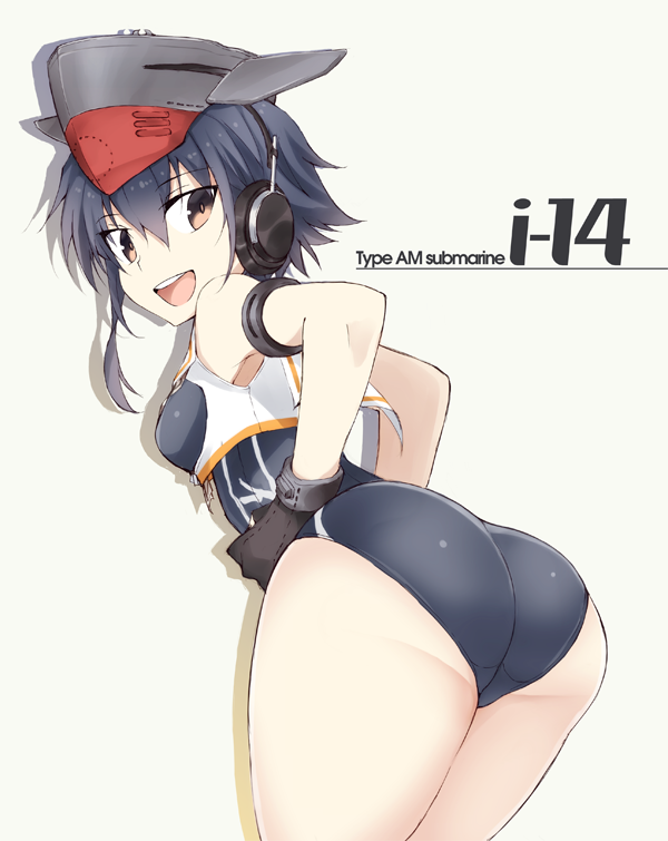 :d armband ass bangs bare_shoulders bent_over black_gloves black_hair blue_swimsuit breasts brown_eyes character_name crop_top eyebrows_visible_through_hair fingerless_gloves from_behind gloves grey_hat hair_between_eyes hands_on_hips hat headphones i-14_(kantai_collection) kantai_collection looking_back one-piece_swimsuit open_mouth school_swimsuit school_uniform serafuku shirt short_hair silhouette sleeveless sleeveless_shirt small_breasts smile solo souji standing swimsuit teeth text_focus white_shirt