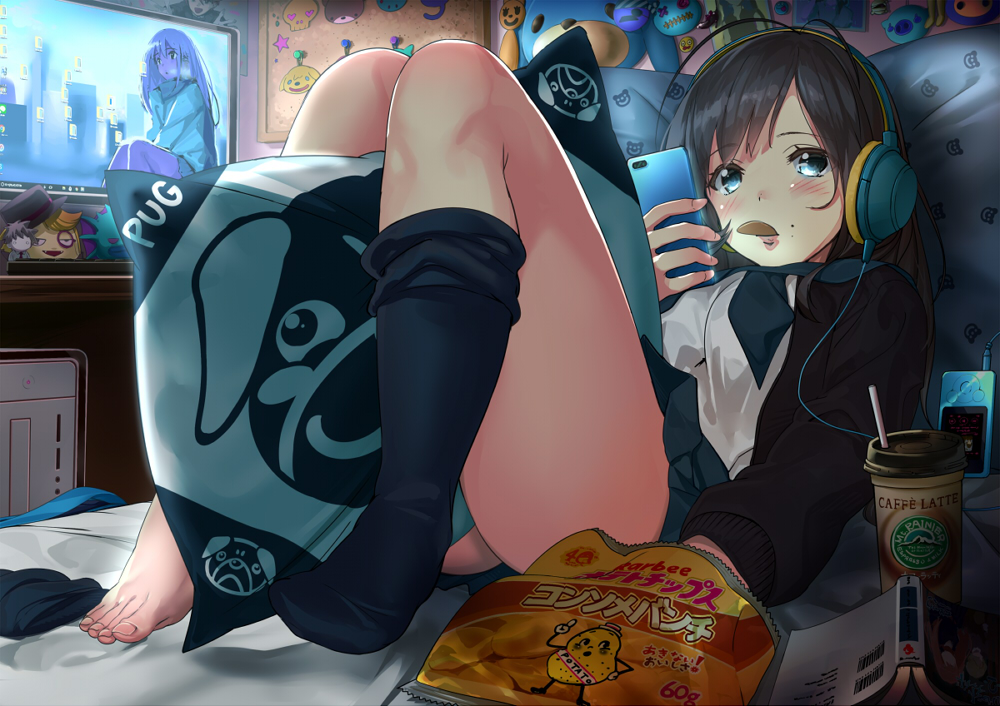 animal_print bangs bedroom black_hair black_skirt blue_eyes blush book breasts cardigan cellphone chips closed_mouth coffee_cup computer cup disposable_cup dog_print eyebrows_visible_through_hair food food_in_mouth headphones holding holding_phone indoors kinugasa_yuuichi knees_together_feet_apart legs listening_to_music long_hair manga_(object) medium_breasts mole mole_above_mouth monitor mouth_hold open_book open_cardigan open_clothes original phone pillow pleated_skirt potato_chips school_uniform single_sock skirt smartphone socks solo thighs toes