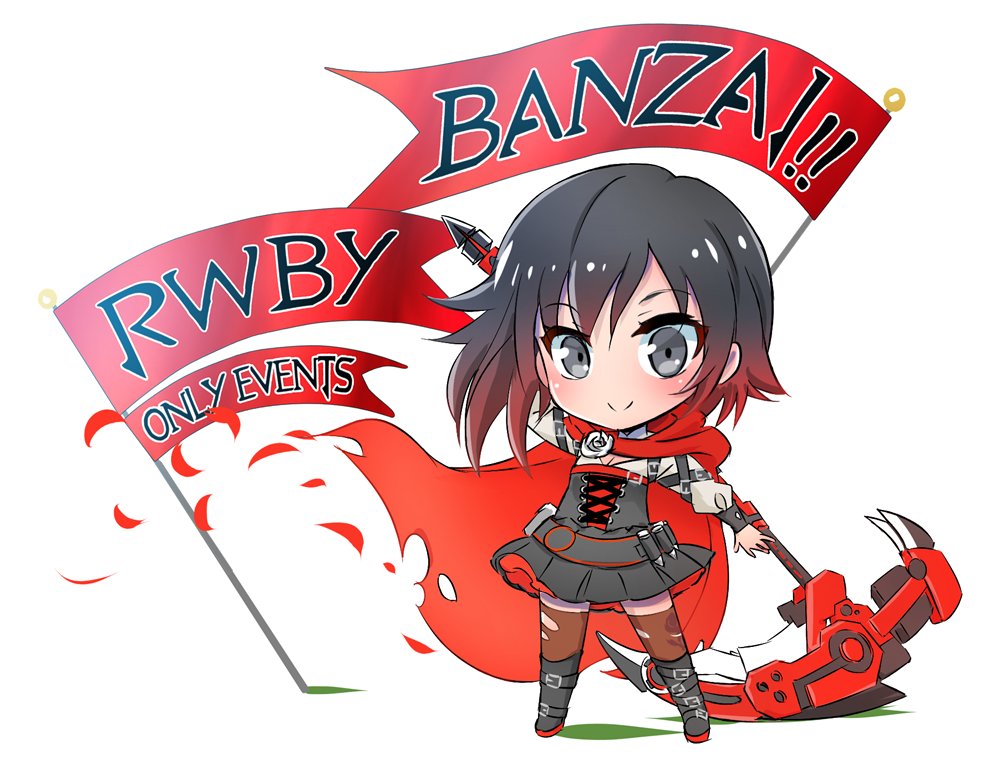 banner belt black_hair boots cape chibi commentary_request crescent_rose english iesupa multicolored_hair petals red_hair ruby_rose rwby scythe silver_eyes solo thighhighs torn_clothes torn_legwear