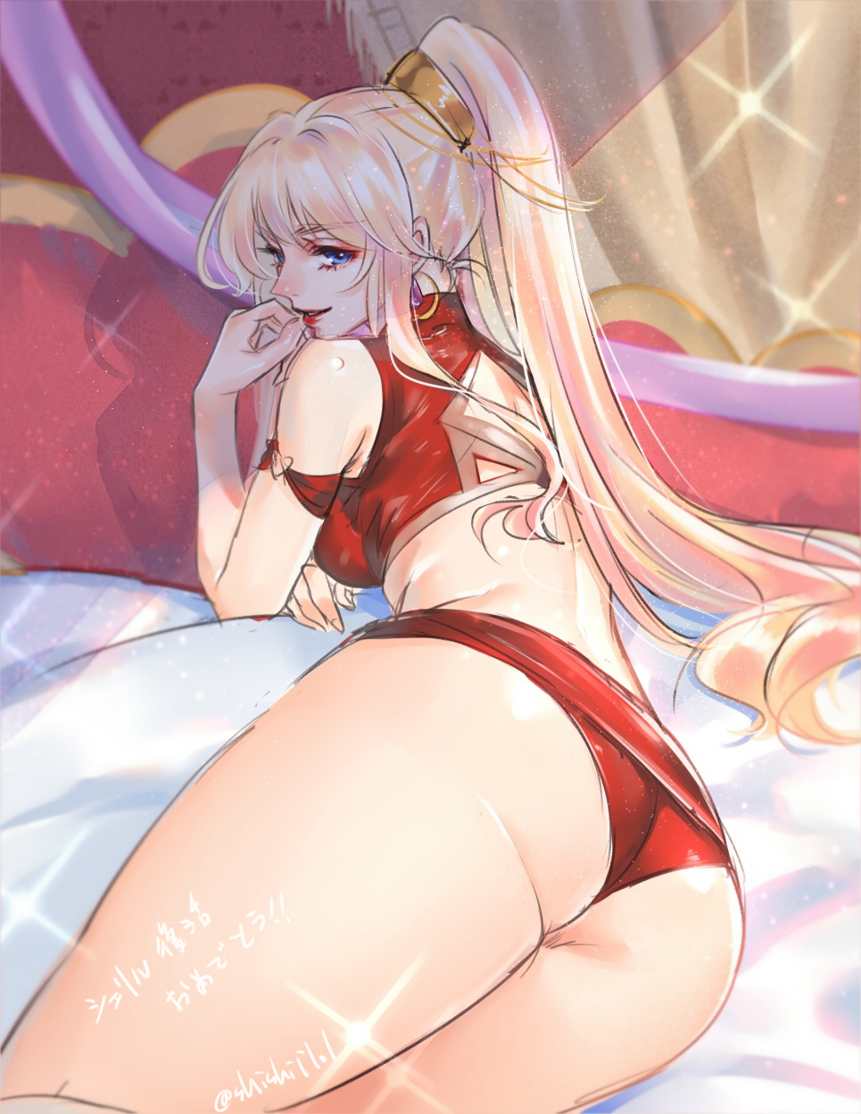 alternate_costume ass bare_shoulders blonde_hair blue_eyes come_hither earrings flat_ass high_ponytail highres hikarusorano jewelry lipstick long_hair looking_at_viewer lying macross macross_frontier makeup on_bed on_stomach pillow red_lips red_lipstick seductive_smile sheryl_nome sidelocks smile solo thighs twitter_username