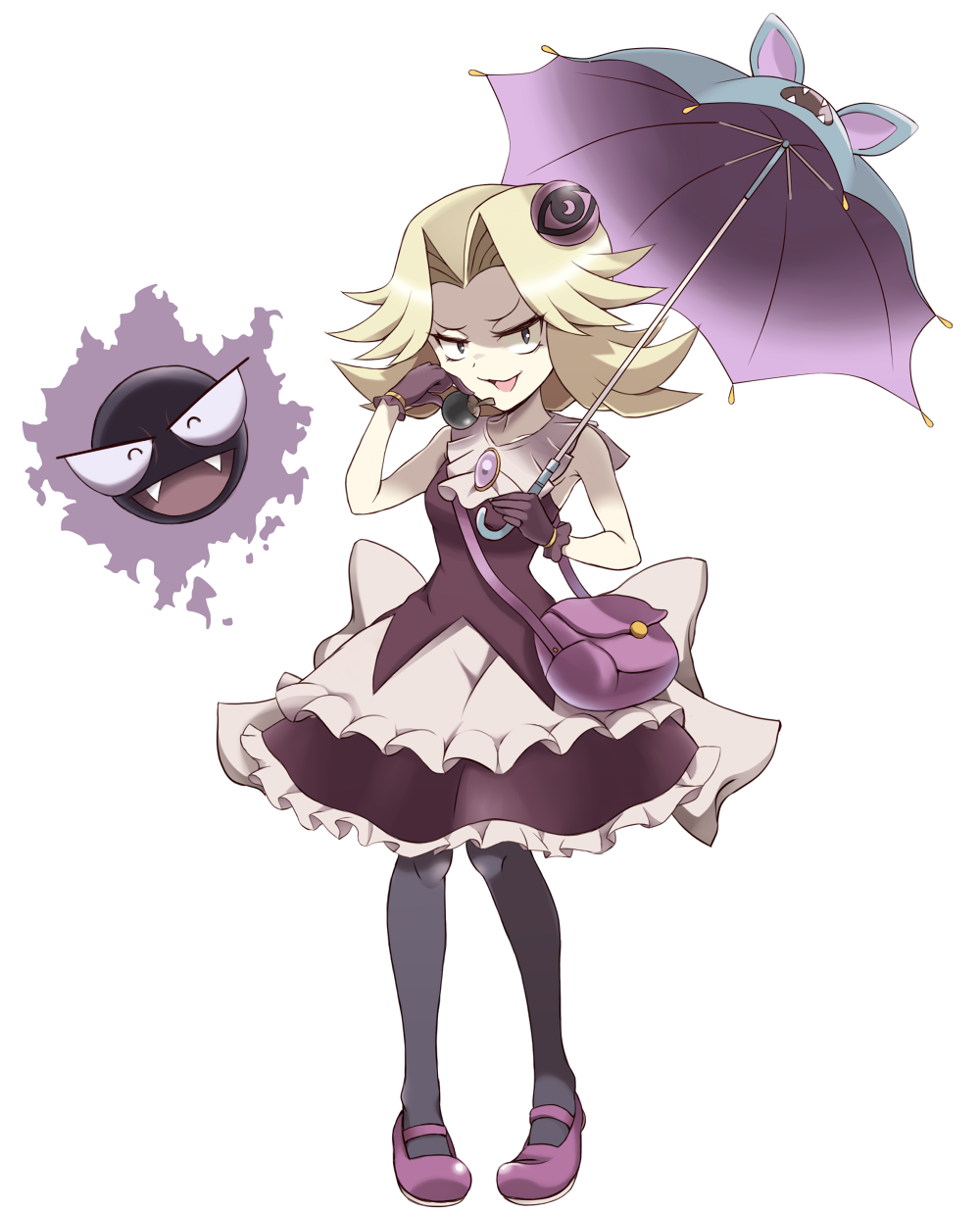 :d ^_^ animal_themed_umbrella armpits bag bare_arms black_eyes black_legwear blonde_hair closed_eyes collarbone commentary_request enperuto_(yarumi) fangs frills full_body gastly gen_1_pokemon gloves hair_intakes hair_ornament hand_up handbag highres holding holding_umbrella kikuko_(pokemon) looking_at_viewer mary_janes open_mouth pantyhose pokemon pokemon_(creature) pokemon_(game) pokemon_rgby purple_footwear purple_gloves shoes short_hair sleeveless smile standing themed_object transparent_background umbrella v-shaped_eyebrows younger