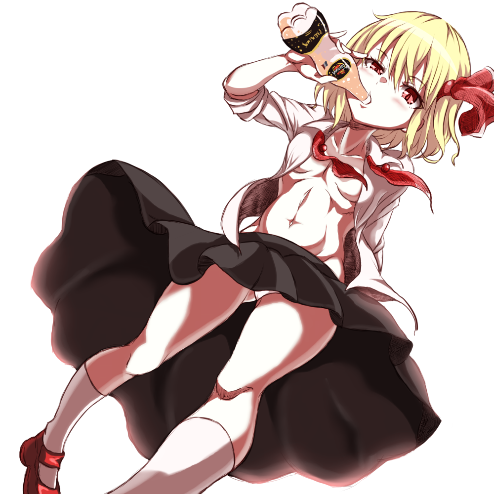 arm_behind_back bangs black_skirt blonde_hair blush bottle bow breasts collarbone collared_shirt commentary_request drinking dutch_angle enperuto_(yarumi) eyebrows_visible_through_hair hair_between_eyes hair_bow hand_up holding holding_bottle kneehighs mary_janes navel no_bra open_clothes open_shirt panties pantyshot pantyshot_(standing) red_bow red_eyes red_footwear rumia shirt shoes short_hair skirt sleeves_rolled_up small_breasts solo standing stomach touhou transparent_background underwear upskirt white_legwear white_panties white_shirt