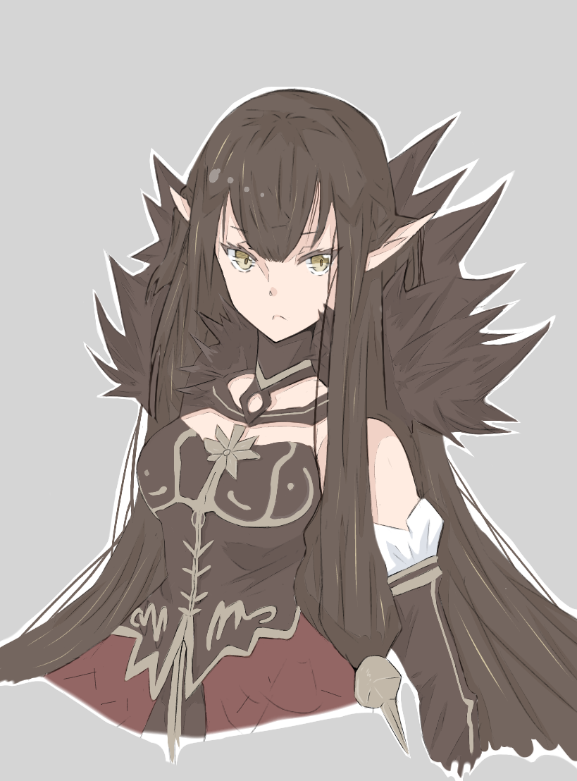 1girl assassin_of_red bare_shoulders black_hair breasts brown_eyes choker dress fate/apocrypha fate_(series) frills grey_background pointy_ears very_long_hair