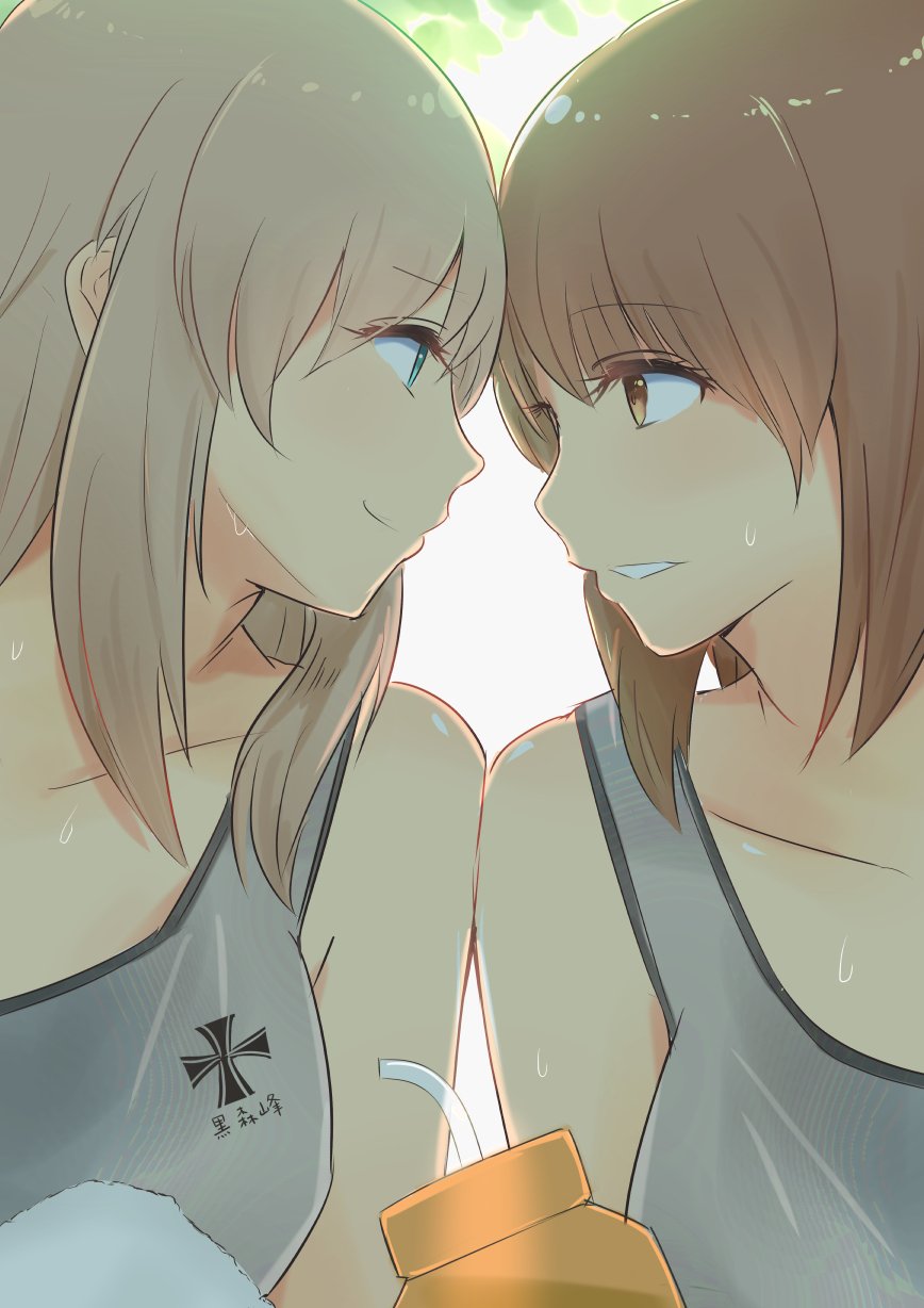 2girls backlighting bangs bare_shoulders blue_eyes bottle breasts brown_eyes brown_hair commentary_request eye_contact forehead-to-forehead girls_und_panzer gym_uniform highres iron_cross itsumi_erika light_brown_hair lips long_hair looking_at_another medium_breasts multiple_girls nishizumi_miho parted_lips short_hair smile sweat tank_top upper_body yuri