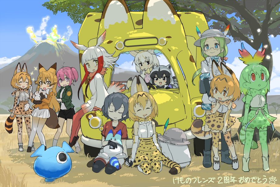 :d ^_^ ahoge animal_ears anniversary bag black_eyes black_gloves black_hair black_legwear black_shorts blonde_hair blue_eyes brown_eyes cerulean_(kemono_friends) cerval closed_eyes commentary_request common_raccoon_(kemono_friends) copyright_name day drooling elbow_gloves ezo_red_fox_(kemono_friends) fennec_(kemono_friends) finger_to_mouth fly_(marguerite)_(style) food fox_ears fox_tail fur_collar gloves green_hair green_skin grey_hair hat hat_feather hat_removed head_wings headwear_removed holding holding_food holding_hands japanese_crested_ibis_(kemono_friends) japari_bun japari_bus jpeg_artifacts kaban_(kemono_friends) kanemaru_(knmr_fd) kemono_friends kneehighs long_hair long_sleeves lucky_beast_(kemono_friends) miniskirt mirai_(kemono_friends) mountain multicolored_hair multiple_girls multiple_persona nana_(kemono_friends) neck_ribbon official_art on_lap open_mouth outdoors pantyhose pink_hair pleated_skirt ponytail raccoon_ears red_eyes red_hair red_shirt ribbon safari_jacket sandstar serval_(kemono_friends) serval_ears serval_print serval_tail shirt short_sleeves shorts sitting skirt sky sleeping smile sparkle standing tail thighhighs tree tree_shade very_long_hair wariza white_hair white_legwear white_skirt yokozuwari yoshizaki_mine_(style) zettai_ryouiki |d