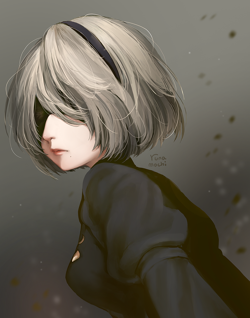 artist_name black_dress black_hairband blindfold breasts cleavage_cutout closed_mouth covered_eyes dress hair_over_one_eye hairband juliet_sleeves lips lipstick long_sleeves makeup medium_breasts mole mole_under_mouth nier_(series) nier_automata nose pink_lips pink_lipstick puffy_sleeves runamochi short_hair silver_hair solo turtleneck upper_body yorha_no._2_type_b