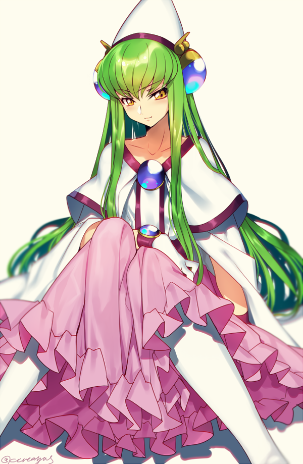 artist_name blush brooch c.c. capelet closed_mouth code_geass collarbone commentary_request cosplay creayus eyebrows_visible_through_hair filia_ul_copt filia_ul_copt_(cosplay) frilled_skirt frills gem green_hair hat jewelry knees_together_feet_apart knees_up long_hair long_skirt long_sleeves panties pink_skirt sapphire_(stone) sidelocks simple_background skirt slayers slayers_try solo twitter_username underwear very_long_hair white_hat white_legwear white_panties wide_sleeves yellow_background yellow_eyes