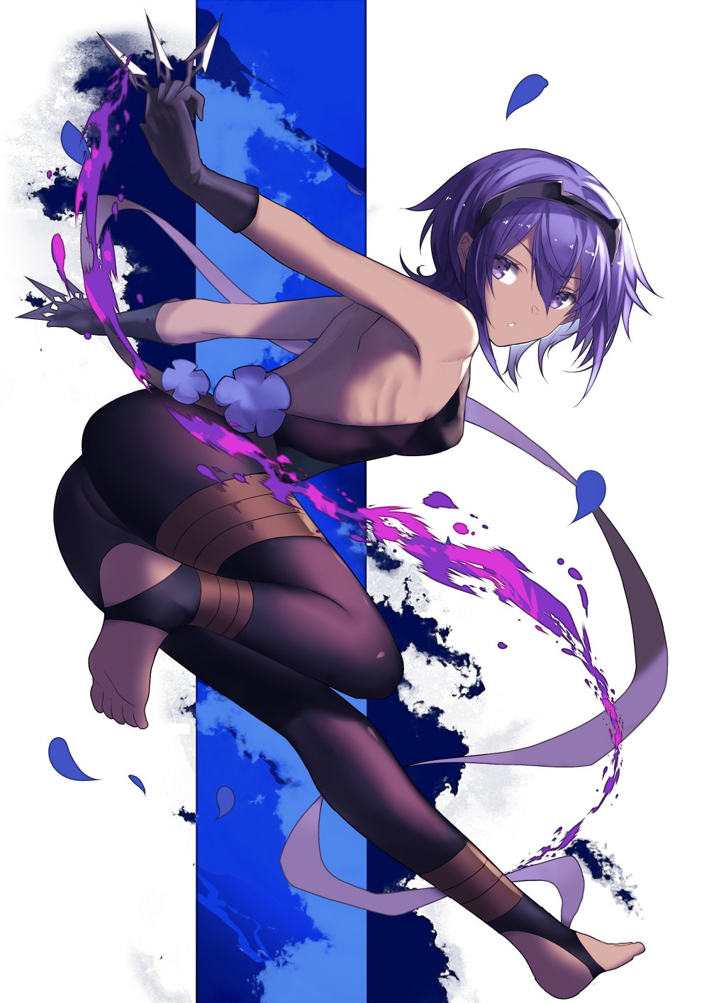 ankle_wrap ass bad_feet bare_shoulders barefoot black_legwear breasts dark_skin fate/grand_order fate/prototype fate/prototype:_fragments_of_blue_and_silver fate_(series) feet flower full_body gloves hairband hassan_of_serenity_(fate) highres karlwolf knife looking_at_viewer purple_eyes purple_hair short_hair simple_background small_breasts soles solo weapon white_background