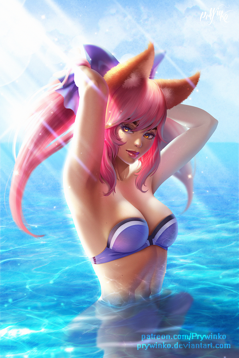 adjusting_hair animal_ears arms_up breasts brown_eyes fate/extra fate_(series) fox_ears hair_ribbon highres lipstick makeup medium_breasts navel olga_narhova partially_submerged pink_hair ponytail red_lipstick reflecting_pool ribbon smile solo strapless strapless_bikini sunlight tamamo_(fate)_(all) tamamo_no_mae_(fate) upper_body watermark web_address