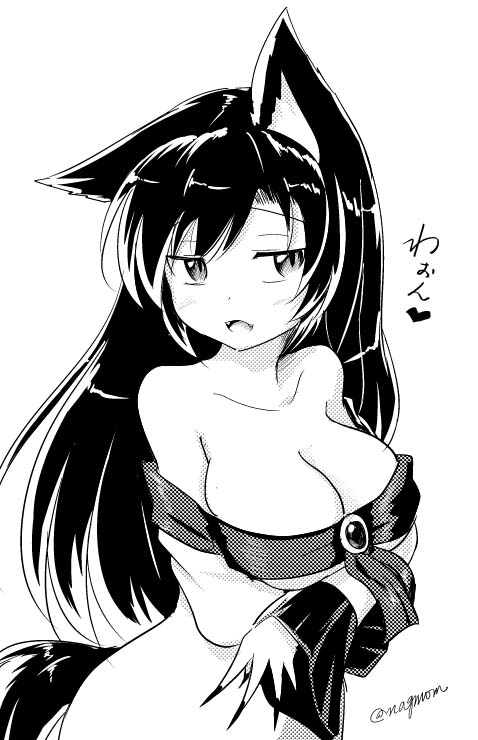 animal_ears bare_shoulders blush breast_hold breasts brooch cleavage collarbone crossed_arms dress fang fingernails greyscale half-closed_eyes heart imaizumi_kagerou jewelry large_breasts long_fingernails long_hair long_sleeves looking_at_viewer monochrome off-shoulder_dress off_shoulder open_mouth seductive_smile sharp_fingernails shiny shiny_hair simple_background slit_pupils smile solo tail taurine_8000mg touhou translated twitter_username upper_body white_background wide_sleeves wolf_ears wolf_tail