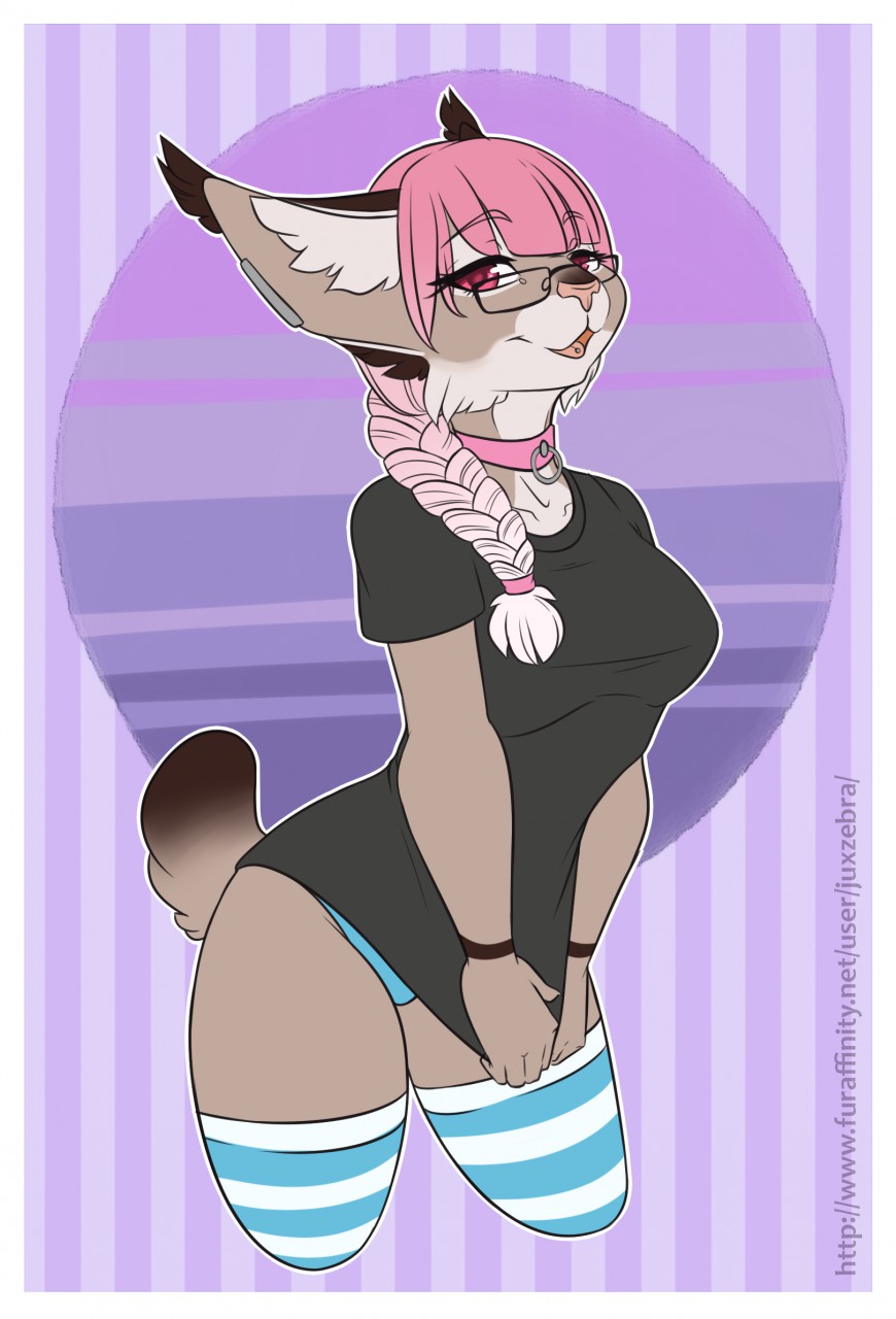 anthro clothed clothing collar eyewear feline female glasses juxzebra legwear lynx mammal open_mouth smile solo standing thigh_highs wide_hips