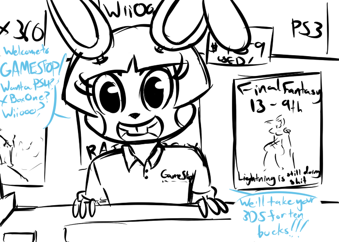 2015 animatronic anthro buckteeth dialogue english_text five_nights_at_freddy's five_nights_at_freddy's_2 gamestop inkyfrog lagomorph looking_at_viewer machine male mammal open_mouth open_smile poster rabbit restricted_palette robot smile solo store talking_to_viewer teeth text toy_bonnie_(fnaf) video_games