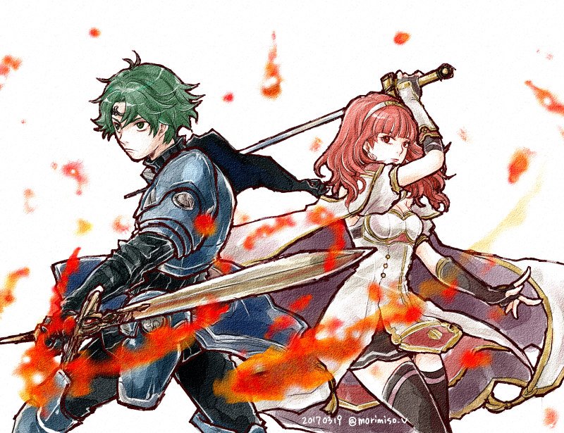 1girl alm_(fire_emblem) armor cape celica_(fire_emblem) circlet dress fire fire_emblem fire_emblem_echoes:_mou_hitori_no_eiyuuou fire_emblem_gaiden green_hair holding holding_weapon insarability left-handed red_hair sword tiara twitter_username weapon