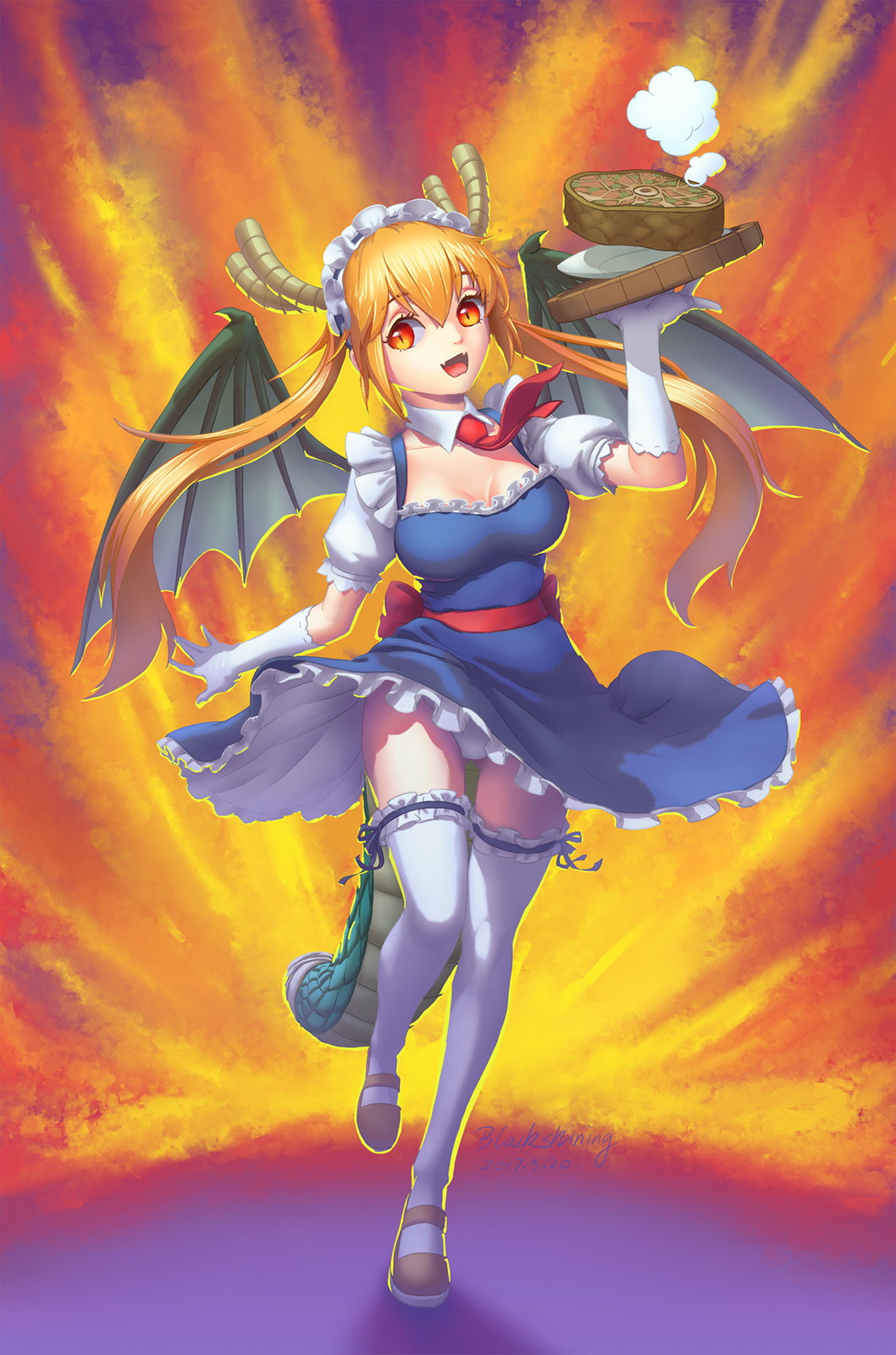 :d arm_at_side artist_name ascot ass_visible_through_thighs bandages blonde_hair blue_dress blue_ribbon breasts brown_legwear cravat dated dragon_girl dragon_horns dragon_tail dragon_tail_steak dragon_wings dress elbow_gloves eyebrows_visible_through_hair fangs food frilled_legwear frilled_skirt frilled_sleeves frills full_body garters gloves green_wings hair_between_eyes hand_up highres horns kobayashi-san_chi_no_maidragon leg_ribbon leg_up long_hair looking_at_viewer maid maid_headdress mary_janes meat medium_breasts necktie open_mouth orange_eyes panties pantyshot pantyshot_(standing) plate puffy_short_sleeves puffy_sleeves red_hair red_neckwear ribbon sash scales shoes short_dress short_sleeves sidelocks skeletoner_blackshining skirt sliced_meat smile solo spread_wings standing standing_on_one_leg steam tail thigh_gap thighhighs tongue tooru_(maidragon) twintails underwear upskirt walking white_gloves white_legwear white_panties wind wind_lift wings