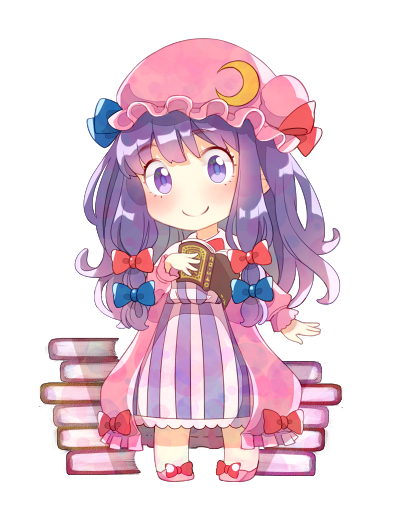 blue_bow blue_ribbon bogyaku_no_m book book_stack bow chibi commentary_request crescent crescent_hair_ornament dress frilled_hat frills full_body hair_bow hair_ornament hair_ribbon hat hat_ribbon long_hair long_sleeves looking_at_viewer mob_cap no_nose patchouli_knowledge pink_coat pink_footwear pink_hat purple_dress purple_eyes purple_hair red_bow red_ribbon ribbon shoe_bow shoes sidelocks simple_background smile solo striped striped_dress touhou tress_ribbon white_background