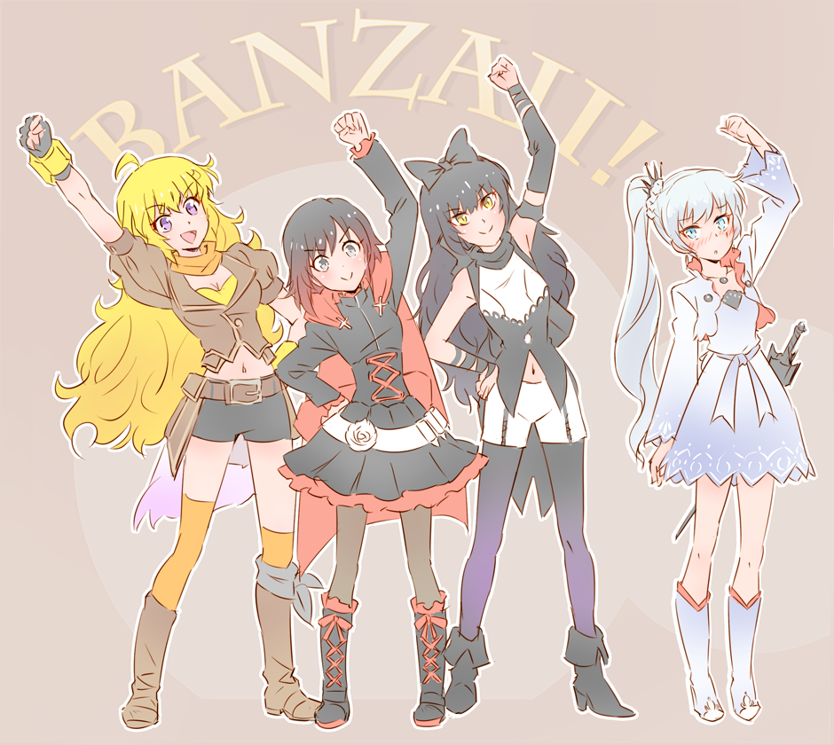 blake_belladonna commentary ember_celica_(rwby) english gambol_shroud iesupa multiple_girls myrtenaster navel pantyhose ruby_rose rwby shorts weapon weiss_schnee yang_xiao_long