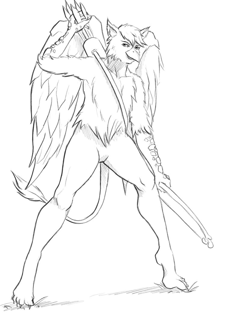 anthro arrow avian bow colorless drawing fantasy gryphon holding_(disambiguation) invalid_tag male paper pencil_(disambiguation) q-arts ribin sketch solo standing taking traditional_media_(artwork)