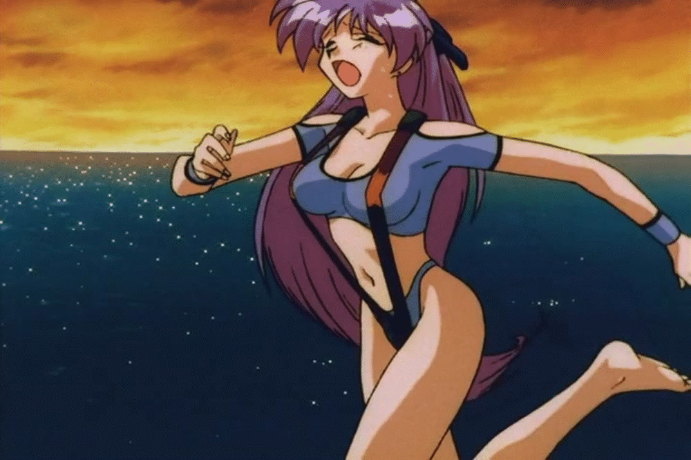 1girl 90s animated animated_gif breasts cleavage dirty_pair dirty_pair_flash exercise female long_hair purple_hair running sea solo yuri_(dirty_pair)
