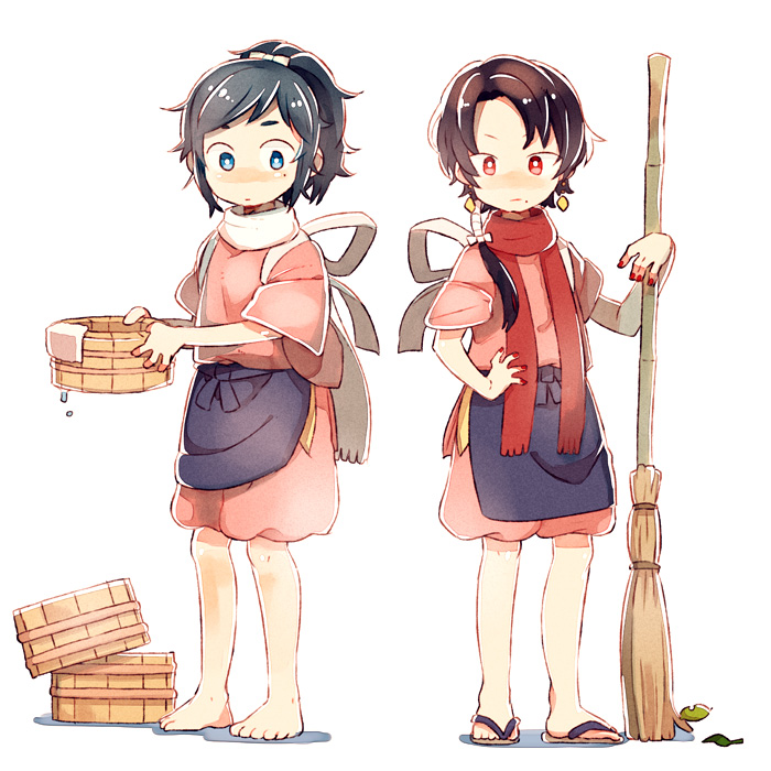 apron bad_id bad_pixiv_id barefoot black_hair blue_eyes broom brown_hair bucket child cosplay earrings houhou_(black_lack) japanese_clothes jewelry kashuu_kiyomitsu leaf male_focus mole mole_under_eye mole_under_mouth multiple_boys nail_polish ogino_chihiro ogino_chihiro_(cosplay) ponytail red_eyes red_nails sandals scarf sen_to_chihiro_no_kamikakushi tasuki touken_ranbu waist_apron yamato-no-kami_yasusada younger