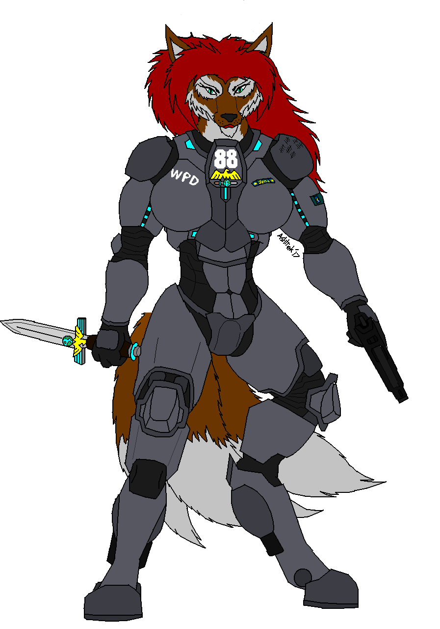 3_tails anthro armor ashtrek_(artist) ashtrek_(character) big_breasts blue_eyes breasts brown_fur canine dagger edit fox fur gun hair handgun intersex machine mammal melee_weapon multi_tail police power_armor ranged_weapon red_hair science_fiction simple_background solo weapon white_background world_police
