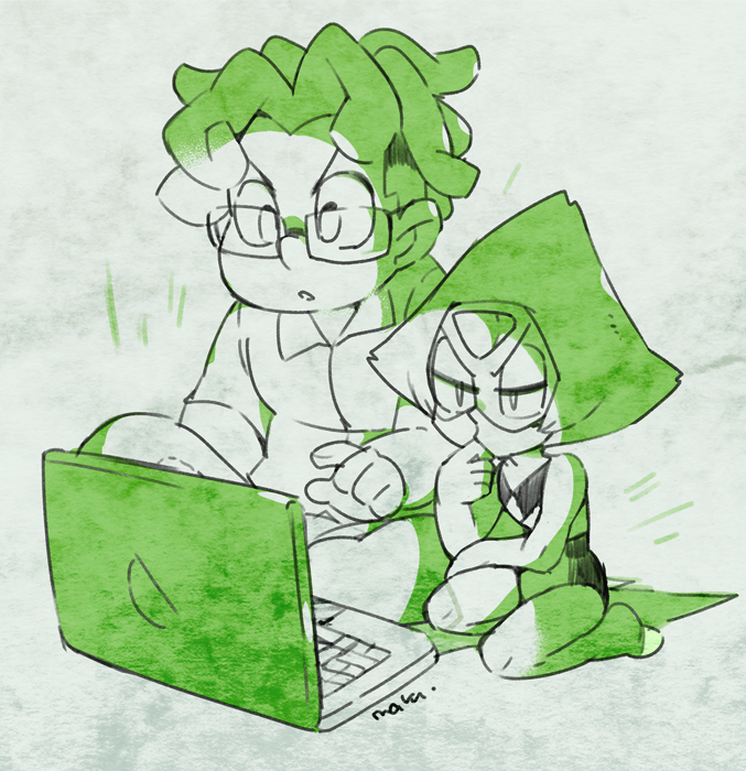 1girl bodysuit computer curly_hair forehead_jewel gem glasses grey_background hairlocs laptop maru_show monochrome peridot_(steven_universe) ronaldo_fryman short_hair simple_background steven_universe visor