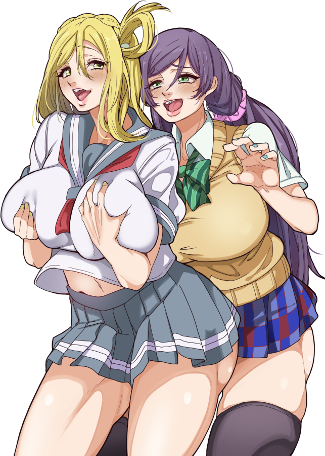 2girls ass ayase_eli blonde_hair blush breasts curvy gero_1992 green_eyes groping large_breasts lips long_hair love_live! love_live!_school_idol_project multiple_girls open_mouth painted_nails pleated_skirt plump purple_hair school_uniform skindentation skirt thick_thighs toujou_nozomi twintails white_background yuri