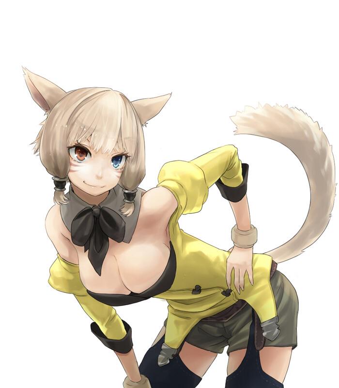 animal_ears bangs bare_shoulders bent_over black_legwear blue_eyes breasts cat_ears cat_tail cleavage detached_collar facial_mark final_fantasy final_fantasy_xiv fingernails garter_straps hair_ornament hair_tubes hand_on_hip hand_on_thigh heterochromia large_breasts lips long_fingernails looking_at_viewer miqo'te pose potion_lilac red_eyes shorts simple_background smile solo tail thighhighs tsurime white_background white_hair wristband