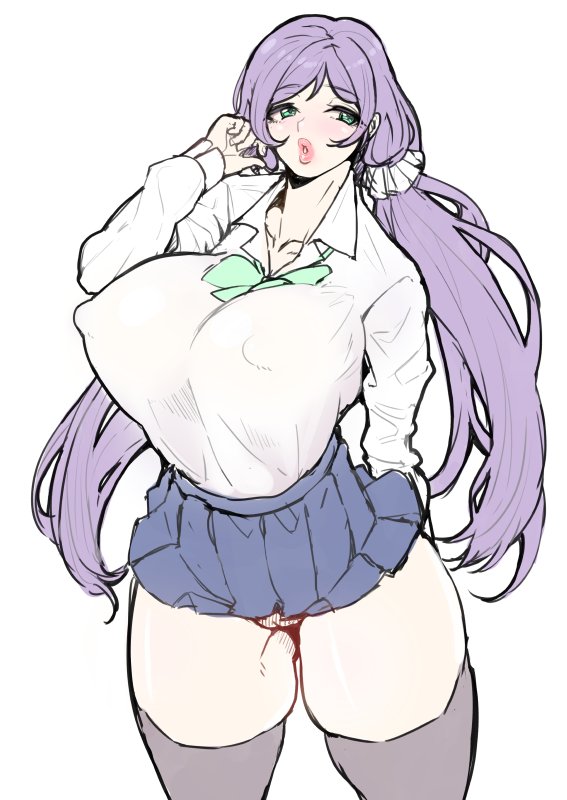 1girl 1girls breasts curvy erect_nipples gero_1992 green_eyes huge_breasts lips long_hair looking_at_viewer love_live! love_live!_school_idol_project parted_lips pleated_skirt plump purple_hair pussy school_uniform skirt solo thick_thighs toujou_nozomi twintails white_background