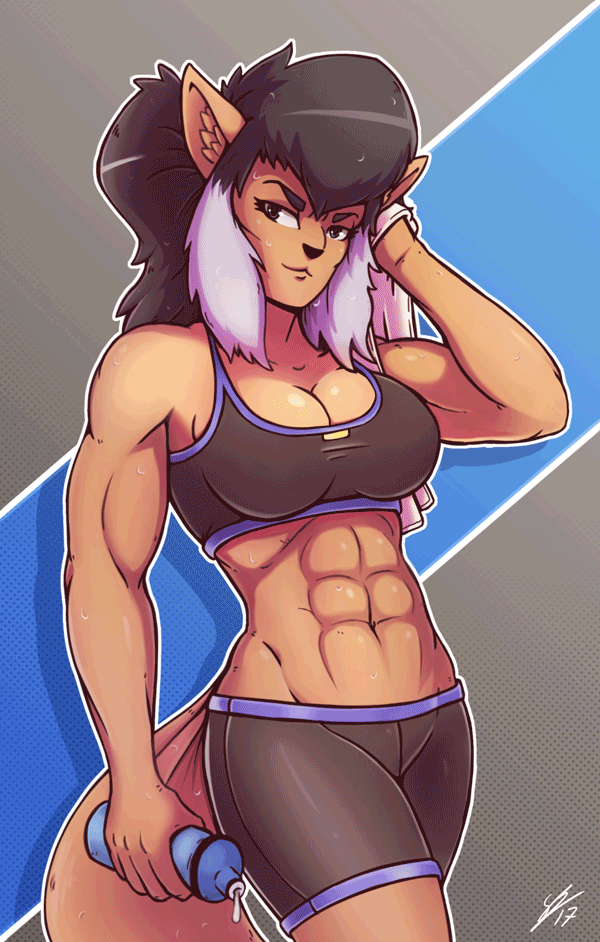 2017 abs animated anthro biceps big_breasts black_hair bra breasts cat cleavage clothed clothing felina_feral feline female hair long_hair looking_at_viewer mammal midriff muscular muscular_female navel nude secretly_saucy shorts simple_background smile solo sports_bra swat_kats underwear x-ray