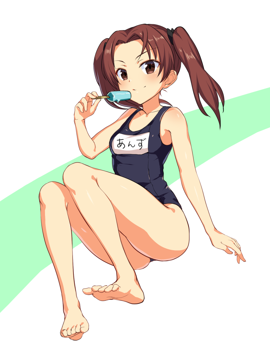 bangs bare_shoulders black_bow blush bow breasts brown_eyes brown_hair closed_mouth collarbone feet food girls_und_panzer hair_bow highres holding holding_food ikomochi invisible_chair kadotani_anzu long_hair name_tag one-piece_swimsuit parted_bangs popsicle school_swimsuit shiny shiny_hair sitting small_breasts smile solo swimsuit twintails