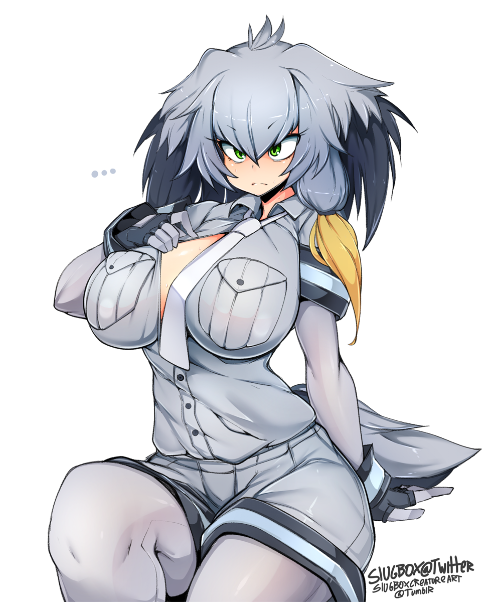 1girl artist_name bad_anatomy belt bird_tail black_gloves black_hair blush bodystocking breasts closed_mouth collared_shirt commentary eyebrows_visible_through_hair fingerless_gloves gloves green_eyes grey_hair grey_shirt head_wings highres kemono_friends large_breasts long_hair looking_at_viewer low_ponytail multicolored_hair necktie orange_hair shirt shoebill_(kemono_friends) short_sleeves side_ponytail simple_background sitting slugbox solo white_background