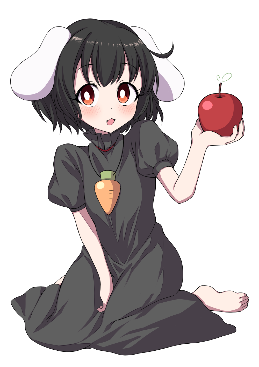 1girl :3 alternate_color animal_ears apple arm_up bangs barefoot between_legs black_hair blush bright_pupils bunny_ears carrot_necklace commentary_request eyebrows_visible_through_hair fang food fruit hand_between_legs high_collar highres holding holding_food holding_fruit inaba_tewi looking_at_viewer open_mouth puffy_short_sleeves puffy_sleeves red_eyes short_hair short_sleeves simple_background sitting solo touhou tsukimirin wariza white_background white_pupils