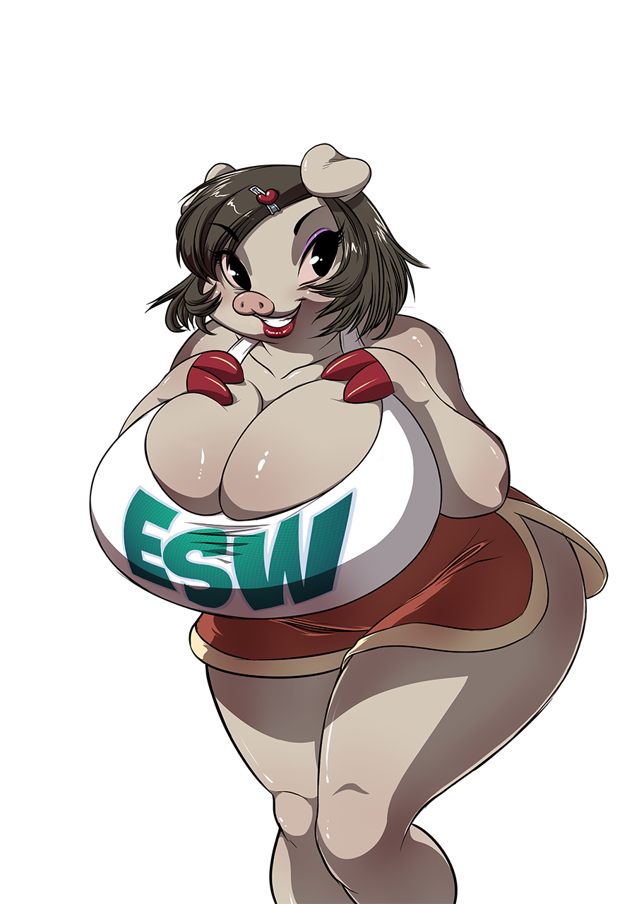 alpha_channel anthro big_breasts breasts brown_hair chochi cleavage clothed clothing eyelashes female grin hair hairclip huge_breasts lipstick makeup mammal pig porcine smile solo