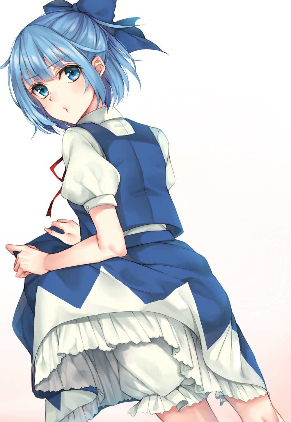 bloomers blue_bow blue_eyes blue_hair blue_skirt blue_vest bow cirno commentary_request cowboy_shot dutch_angle eyebrows_visible_through_hair fingernails frilled_underwear frills from_behind gradient gradient_background hair_bow highres looking_at_viewer looking_back neck_ribbon no_wings petticoat pout puffy_short_sleeves puffy_sleeves red_ribbon ribbon rinarisa shirt short_hair short_sleeves skirt skirt_hold skirt_set solo touhou underwear vest white_background white_bloomers white_shirt