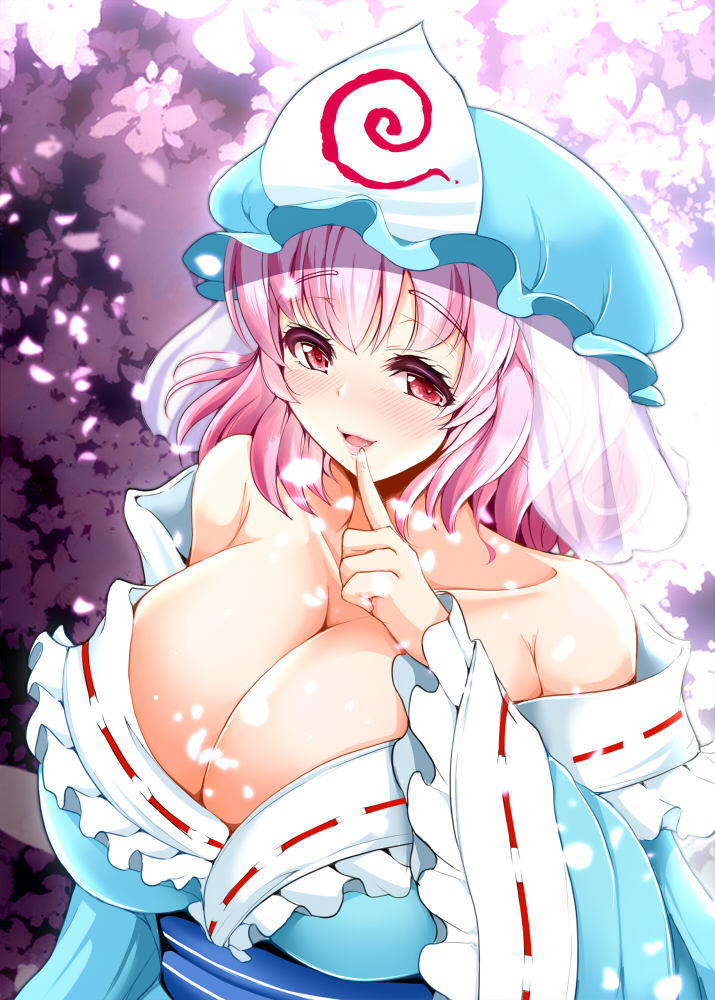 bangs bare_shoulders blush breasts cherry_blossoms cleavage collarbone commentary_request finger_to_mouth frills hat huge_breasts japanese_clothes kimono koza47322 long_sleeves mob_cap nose_blush off_shoulder open_mouth parted_lips petals pink_hair red_eyes saigyouji_yuyuko sash smile solo touhou triangular_headpiece upper_body wide_sleeves