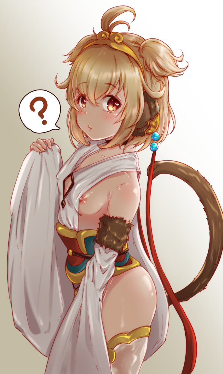 ? ahoge andira_(granblue_fantasy) animal_ears areolae ass bare_shoulders blonde_hair breasts collarbone covered_nipples cowboy_shot detached_sleeves erune from_side granblue_fantasy hairband highres lips looking_at_viewer monkey_ears monkey_tail nipple_slip nipples nochan red_eyes shiny shiny_skin short_hair short_twintails simple_background small_breasts solo spoken_question_mark tail thighs twintails two_side_up wide_sleeves
