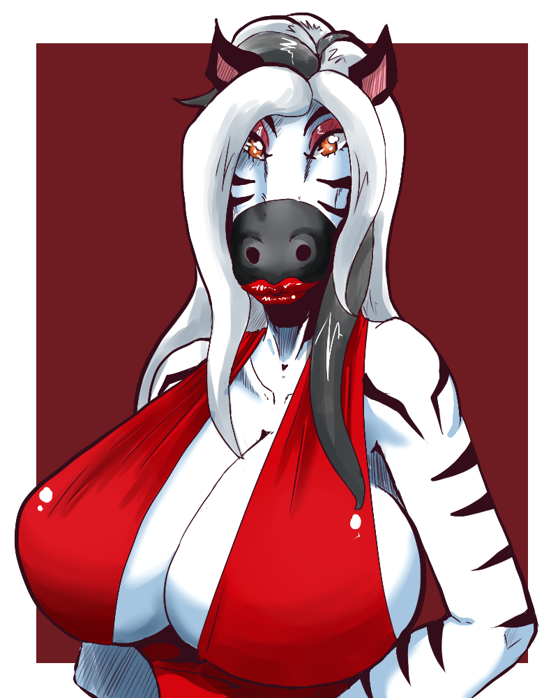 anthro big_breasts breasts clothed clothing equine female huge_breasts lipstick looking_at_viewer makeup mammal shishikasama smile solo zebra