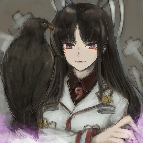 animal_on_arm bird bird_on_arm bird_request brown_hair coat commentary_request crossed_arms grey_background hawk hiyou_(kantai_collection) ichi_inaru kantai_collection lips long_hair looking_at_viewer magatama purple_eyes ribbon shikigami simple_background solo tassel twitter_username uniform upper_body white_ribbon