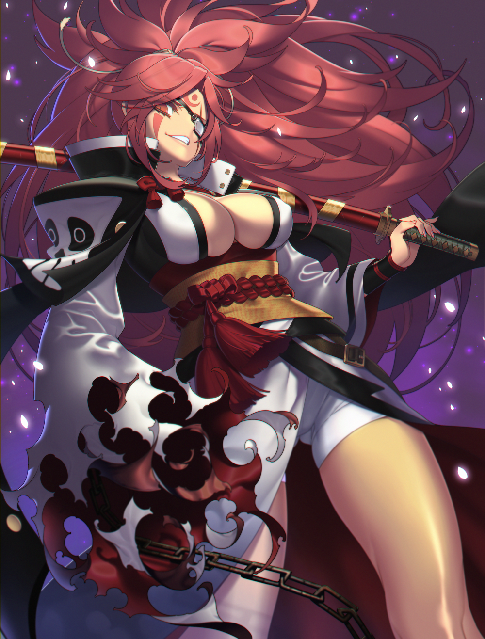 amputee baiken breasts cleavage guilty_gear guilty_gear_xrd highres japanese_clothes kimono large_breasts long_hair looking_at_viewer obi one-eyed open_clothes open_kimono pink_eyes pink_hair ponytail sash scar scar_across_eye solo souma_kira sword tattoo weapon